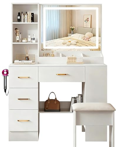 KYXBBDA Dressing Table with Mirror and Stool: Vanity Desk with LED Lights, Power Outlets,4 Drawers, Makeup Table with Mirror and Chair for Bedroom