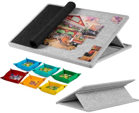 Ccarzzi Tilting Jigsaw Puzzle Board, Portable Felt Jigsaw Board with Cover and 6 Colored Sorting Trays, 3 Adjustable Angles, Lightweight Puzzle Mat for 1000 Pieces, Adult and Children (Light gray)