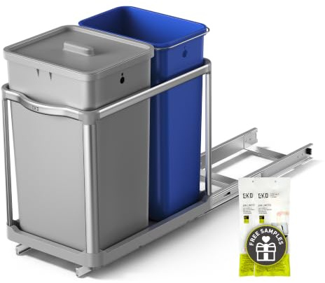 EKO Deco Kitchen Base Cabinet, 34 L + 24 L, 2-Way Waste Separation System, Extendable Waste Bin Under Sink, Waste Bin with Lid and Aluminium Frame, Durable and Space-Saving, Blue and Grey