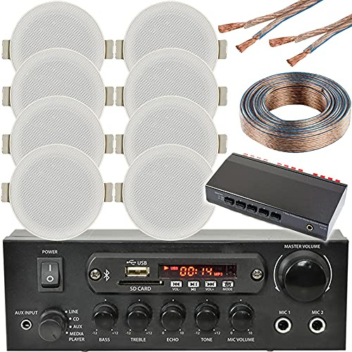 Kit de musique au plafond Bluetooth 4 zones - Amplificateur stéréo et 8 haut-parleurs à profil bas HiFi - Système de son de fond sans fil stéréo - Café, Restaurant, Pub, Boutique et bien plus encore