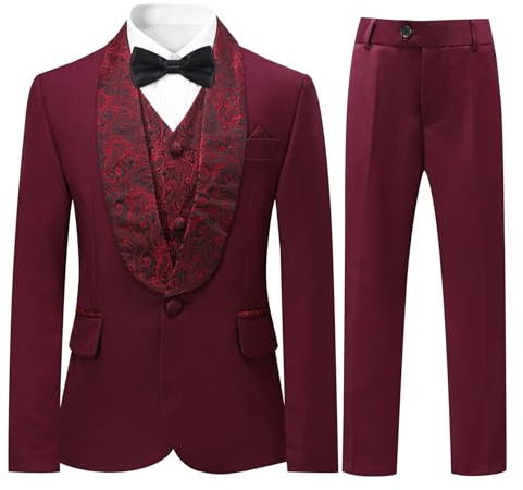 Sliktaa Pojkar bröllopskostym 3 delar en knapp klänning kostym bal sida pojke jacquardsjal slag tux (kavaj+väst + byxor), Röd, 7 År