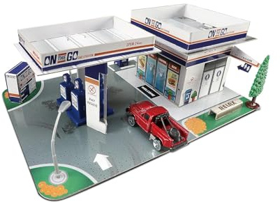 Maisto Built-N-Play Gas Station Set: Leksaksbyggnad av kartong, inklusive tillbehör och 1 Fresh Metal leksaksbilar (512517)