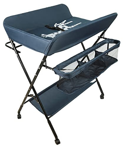 Table à langer pliable avec paniers et matelas à langer pour bébé - avec roues,Table à langer pliante portable avec étagère de rangement et panier pour nouveau-né de 0 à 12 mois (bleu foncé)