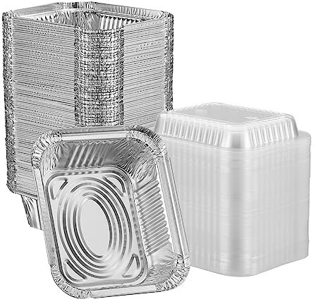 GUSTO 1 lb Disposable Aluminum Foil Takeout Pans with Clear Dome Lids, 5 x 4 – [100 Count] Great for Baking, Cooking, Storage, and Freezing (Formerly Comfy Package)