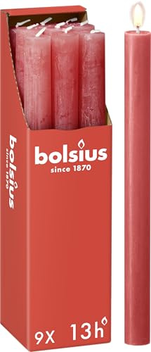 Bolsius - Velas rústicas - Rosa - 9 unidades - 27 x 2,3 cm - Duración de combustión 13 horas - Sin perfume - Cera vegetal natural - Sin aceite de palma