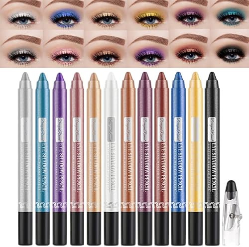 MKNZOME Lidschattenstift Wasserfest, 12 Farben Creme Lidschatten Stift Set mit Anspitzer Metallic Eyeshadow Stick Eyeshadow Pen Langanhaltend Augen Schminke Geschenk für Frauen