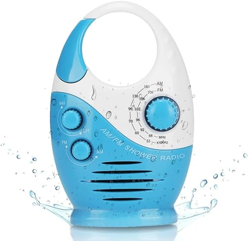 Mini Radio AM FM de Douche, Haut-Parleur étanche de Salle de Bain avec Poignée Supérieure Suspendue, Radio Portable Volume Réglable pour Douches, Tables de Chevet, Garages