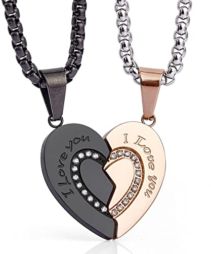 Wolentty Couple His Hers Necklaces Broken Heart Pendants Inlaid Zirconic Stone Jewelry Gift for Valentines Day (Rose Gold)