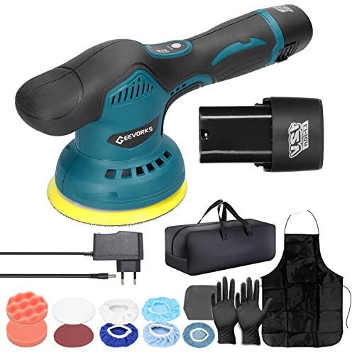 Geevorks Akku Poliermaschine Exzenter Auto Poliermaschine 2800-5500 RPM 8 Variable Geschwindigkeiten zum Polieren und Wachsen von Auto Boden Möbel mit 2 * 2.0Ah Batterien | 17-Teilig,125mm