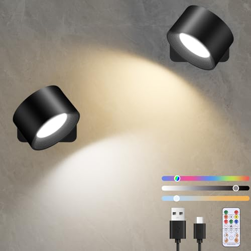 Diealles Shine LED-vägglampa inomhus 2 stycken, uppladdningsbara vägglampor med 3 ljusstyrkor och 3 färger, 360° vridbar touch-kontroll batteri vägglampa för sovrum kök vardagsrum (svart RGB)
