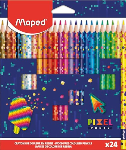 Maped - 24 Crayons de Couleur Pixel Party - en résine - pour Enfants - Mine résistante - Forme Triangulaire Ergonomique