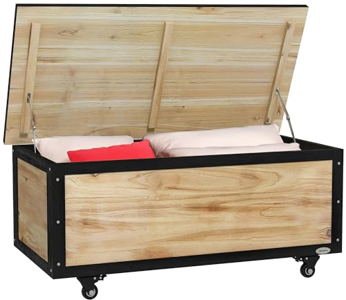 Outsunny Baúl de Exterior 121L Arcón Almacenaje de Madera con 4 Ruedas para Jardín Patio Balcón 100x50x43 cm Natural y Negro