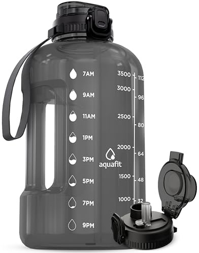 AQUAFIT 1 Gallon Water Bottle with Time Marker - Straw & Chug Lid - BPA Free Gym Water Bottle with Straw - Big Gallon Jug (Gray, 128 oz - 2in1 Lid)