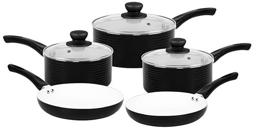 URBN-CHEF 8Pcs Non-Stick Ribbed Aluminium Induction Hob Cookware Set with Saucepans, Pots, Lids, and Frying Pans - Heat-Resistant Handles, Durable Cooking Set for Home Kitchen Use