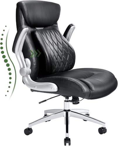 Marsail 【Komfortabler Bürostuhl mit dynamischer Lumbarstütze】Hohe Rückenlehne PU-Leder Chefsessel mit hochklappbaren Armlehnen Neigungsfunktion, ergonomischer Chefsessel für Heimbüroarbeit, Schwarz