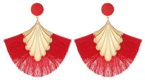 QKEPCY Pendientes Mujer de Borla Larga en Forma de Abanico Estilo Multicolor Bohemio Vintage Bañados en Oro Hipoalergénicos Regalos Joyas Joyeria Fiesta para Mujeres Niñas