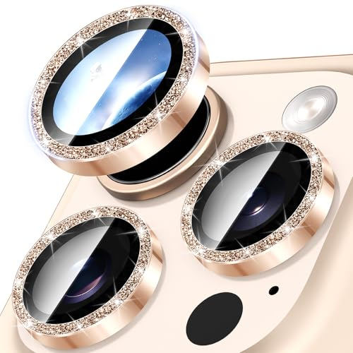 Diruite Camera Protector for iPhone 16 Pro/16 Pro Max Camera Lens protector,Glitter Decoration HD Tempering Glass+Aluminum Rim Lens Cover,Desert Titanium