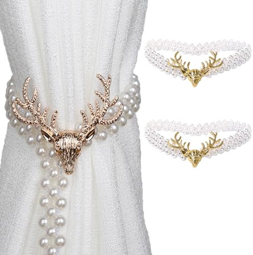 YNR 2 fermatenda per tende con fibbia per camera da letto e ufficio, in metallo dorato con perline, motivo cervo per decorazioni natalizie