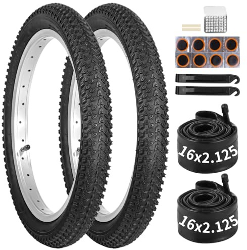 yeesport 16 Inch Bike Tire, 2 Pack 16x2.125 Bike Tires and 16 Inch Bike Tubes with Repair Kit, 16Inch Tire Kids Bike Tires MTB Tires, Shock Absorption MTB Bicycle Tires with AV Valve