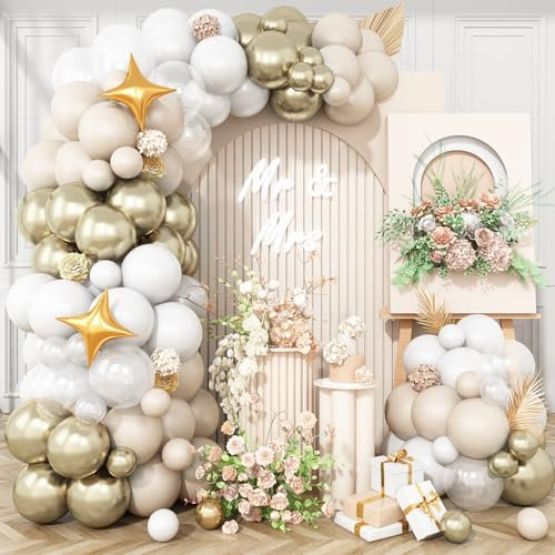 Cream White Gold Balloon Arch Kit, Nude Beige White Balloons Garland with Metallic Champagne Gold Clear Balloons Star Foil Balloon, for Boho Birthday Baby Shower Engagement Wedding Party Decorations