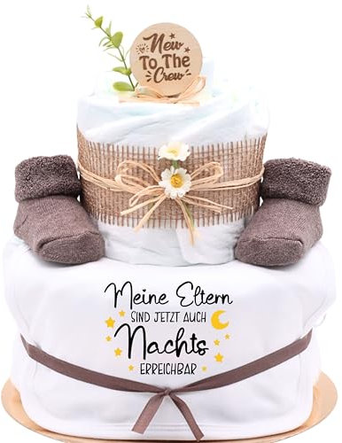 Trend Mama | Windeltorte | Nature Design | Lätzchen, Kuschelsocken |Geschenk Geburt (Design| Meine Eltern sind jetzt auch Nachts erreichbar)