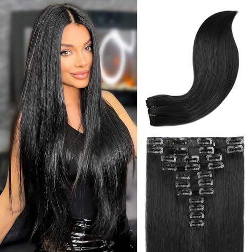 REECHO Hair Extensions, 11PCS Clip in Hair Extensions 28 Long Straight hair extensions HE005 Natural Soft Synthetic Hairpieces for Women Black