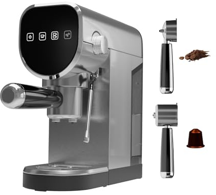 DMD Collective - 3-In-1 Stainless Steel Barista Espresso Coffee Machine, 20-Bar Single & Double Shot - Ground Coffee, Milk Frother & Capsule Compatible, 1L Detatchable Water Tank, Latte, Cappuccino