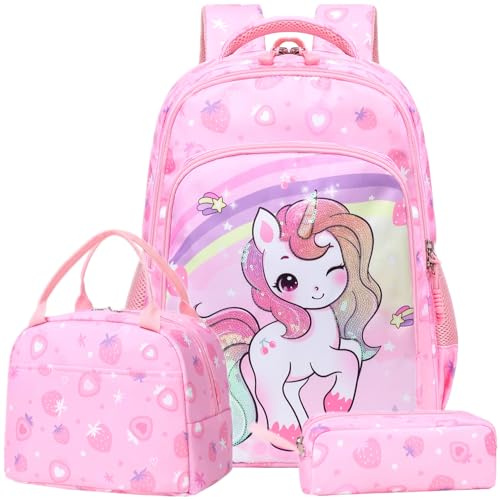 Jumpopack Skolväska för grundskolan, för flickor, ryggsäck, barnväska, med enhörning, jordgubbe rosa, L