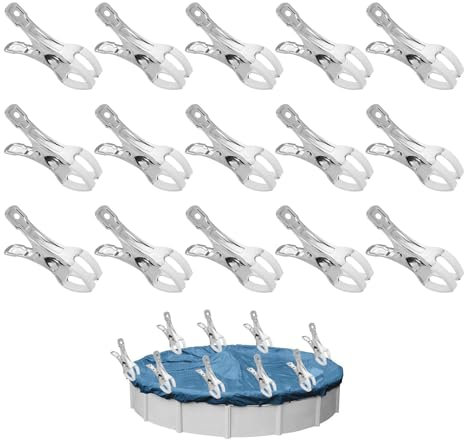 15 Pièces Métalliques Attache Bache Piscine, Pince a Ressort avec Feuille de Protection, Accessoire Piscine Hors Sol, Pince Serre Joint pour Serre de Jardin, Serviette Plage