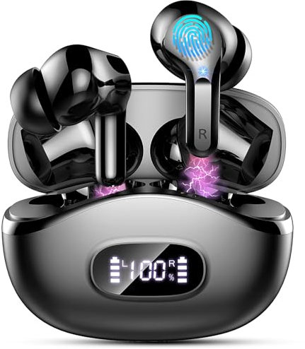 Auriculares Inalámbricos Bluetooth, Auriculares Bluetooth 5.3 HiFi Estéreo, Cascos Inalambricos con Altavoces de 14,2 mm, 40H ENC Reducción de Ruido Audifonos con 4 Mics, Pantalla LED, IP7, Negro