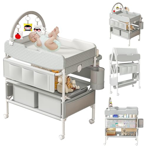 Baby Changing Table with Drawers, Waterproof Versatile Folding Diaper Changing Station with Storage, Adjustable Height, Portable Diaper Chang ing Station, Mobile Nursery for Infant and Newborn