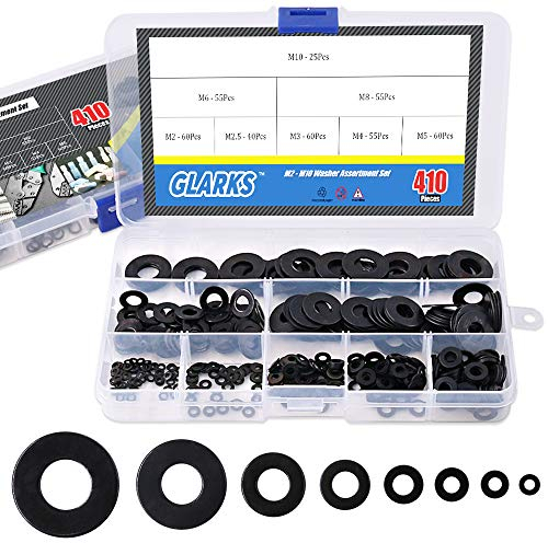 Glarks Assortiment de 410 rondelles plates métriques M2 M2,5 M3 M4 M5 M6 M8 M10 en alliage plaqué zinc noir