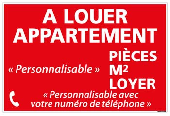 Panneau Immobilier Personnalisable Appartement à Louer avec Oeillets aux 4 coins - Rouge - Plastique rigide AKILUX 3,5mm - Dimensions 600x400 mm - Protection Anti-UV