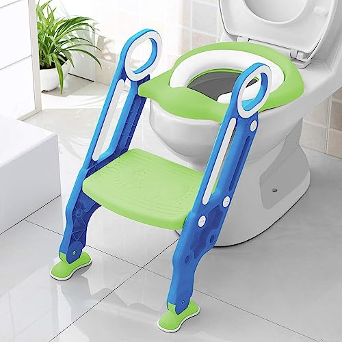 Keplin - Fully Adjustable Kids Potty Training Seat with Step Stool - Soft Padded Seat - Universal Fit for V/U/O-Shaped Toilets - Ages 1-14 - Easy to Assemble & Fold (Green and Blue)