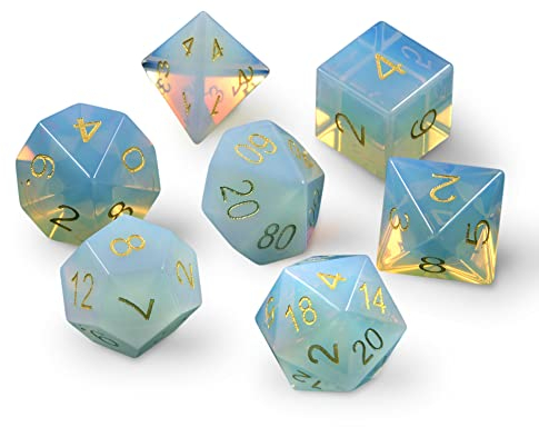 7 polyedrische Stein-Würfel - Opalith Edelstein - für Tabletop und Rollenspiele inkl. Aufbewahrungsbox