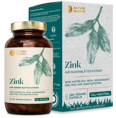 Natürliches Zink - 180 Kapseln hochdosiert / 10 mg natürliches Zink/Hochwertig gewonnen aus Guaven-Blätter Extrakt/Vegan, Zertifiziert & Nachhaltig im Glas