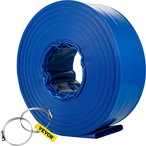 VEVOR Discharge Hose, 2 x 105', PVC Fabric Lay Flat Hose, Heavy Duty Backwash Drain Hose with Clamps, Weather-Proof & Burst-Proof, Ideal for Swimming Pool & Water Transfer, Blue