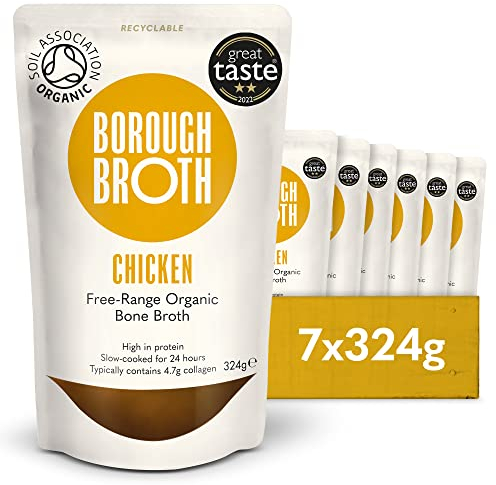 Organic Chicken Bone Broth by Borough Broth - High in Collagen for Healthy Skin & Joints - High Protein, Low Calorie, Gluten Free, Free Range - Perfect for Gravy & Soups - Delivered Chilled, 7 x 324g