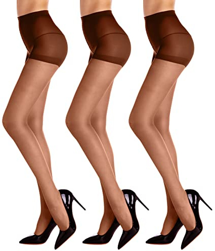 WAKUNA 3 Pairs Sheer Tights For Women 20D Pantyhose Control Top Invisible Reinforced Toes Coffee-M