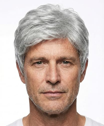 AIYLMZ Court Blanc Ombre Perruques pour Hommes Âgés Cheveux Toupet pour Hommes Partie Latérale Naturelle Perruques Synthétiques Hommes Postiches Blanc Seniors Perruques (Gris)