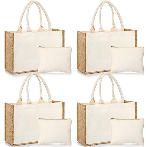 Sweetude Juego de 4 bolsas de yute de yute con bolsas de maquillaje, incluye 4 bolsas de regalo de yute de 12.6 x 8.5 pulgadas con asas, 4 bolsas de lona con cremallera, reutilizables, regalos en