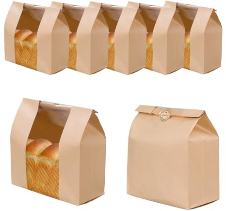 OULLYY 25 Packs Large Paper Bread Bags for Homemade Bread, Sourdough Bread Bags, Kraft Paper Bakery Bag with Clear Window for Baked Food Packaging Storage, Bonus Label Seal Sticker