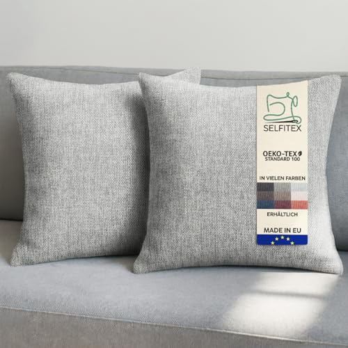 Selfitex 2er Set Sofakissen 50x50 cm, inkl. Füllkissen, gewebter Canvas Stoff, Matte & strukturierte Oberfläche, weiche Polyester Füllung, in Handarbeit gefertigt – Made in EU (Grau)
