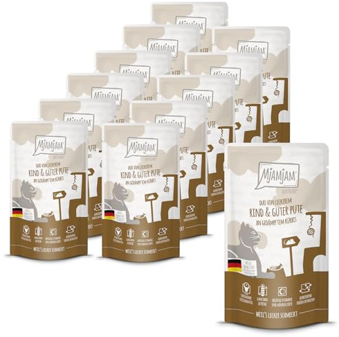 MjAMjAM - Nourriture humide de qualité supérieure pour chats - Quetschie - DUO de viande de bœuf et de dinde savoureuse avec de la citrouille, paquet de 12 (12 x 125g), sans céréales