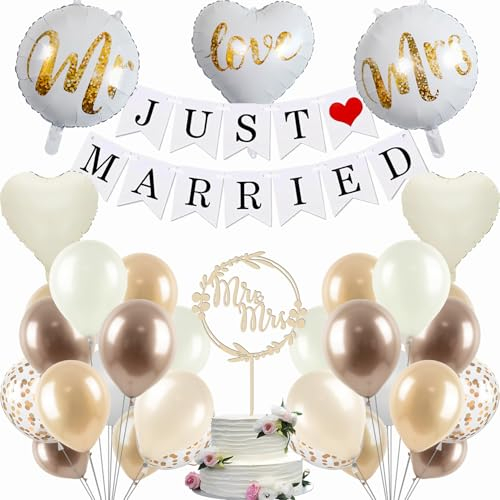 Hochzeitsdeko Just Married Deko, Mr & Mrs Deko Hochzeit, 57 Stück Luftballons Hochzeit 12 Zoll Helium Ballons mit Just Married Girlande, Cake Topper und Herzluftballons