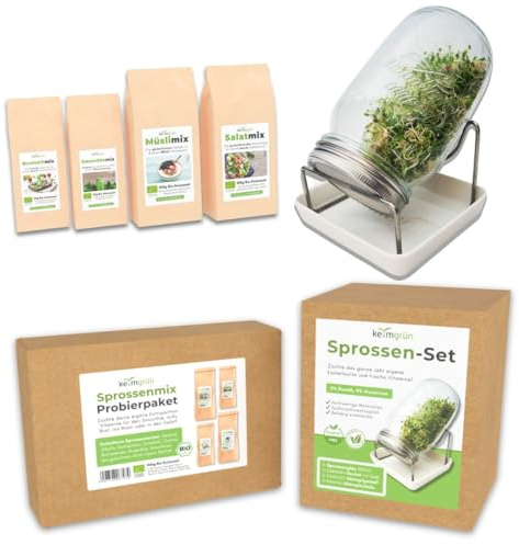 Keimgrün Hochwertiges Sprossenglas-Starterset inkl. 4 x Bio-Sprossenmix – 1000ml Keimglas für Sprossen – Edelstahl ohne Plastik – Sprossen Samen Anzuchtset mit Unterschale – Spülmaschinengeeignet