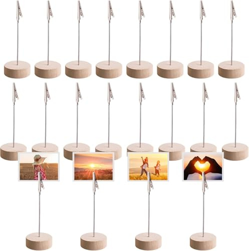 20 st fotohållare med klämmor - fotohållare med memoklämma och fotomeddelandehållare med krokodil och träbas för bröllop, fester, restauranger, kontor (cylinder)