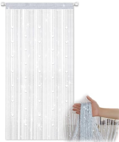 ElevaPulse Rideau à fils pour porte de balcon - 100 x 200 cm - Blanc - Avec perles et paillettes - Moustiquaire