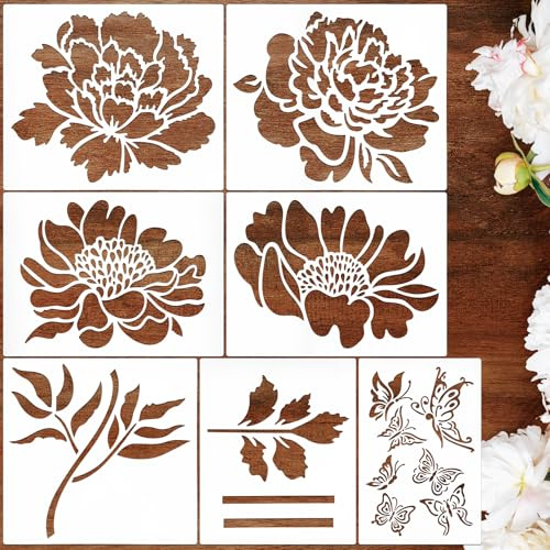 JSRQT 7 Piezas Plantillas Grandes Flores para Pintar,Plantilla para Pintura de Pared,Reutilizables Stencil da Disegno para Jardín Valla de Madera Muebles Telas Decoración (30 x 25.5cm)