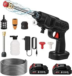 Pistola de Agua para Lavado de Coches con 2 Batería Recargables 21V y 2 Boquillas, Limpiador de Alta Presión Portátil Inalámbrica Manguera 5M, Hidrolimpiadora Bateria Portatil para Jardín Casas